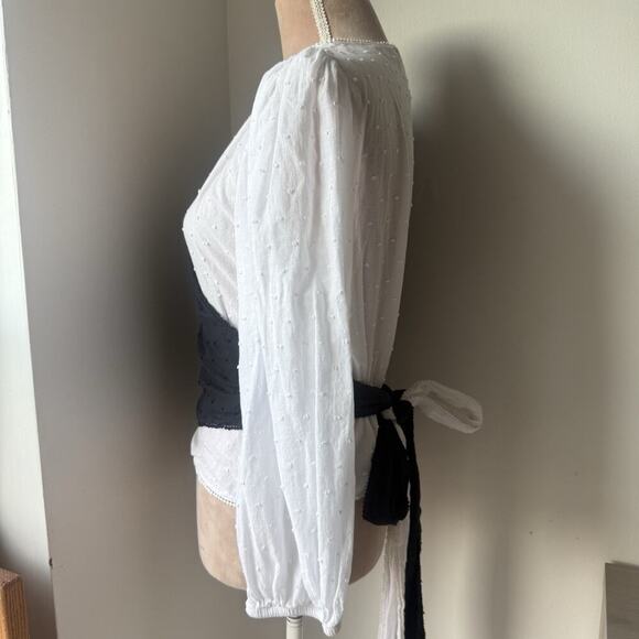FARM RIO Anthropologie Wrap Top Swiss Dot Puff Sleeve Colorblock Cotton Size S - Picture 4 of 8